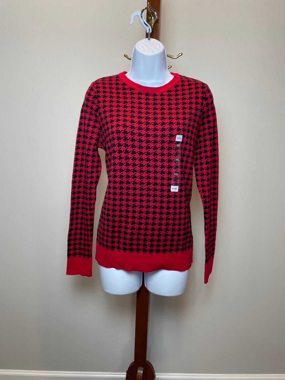 Kim Rogers Crewneck Cotton Sweater Petite Small Red Black Houndstooth